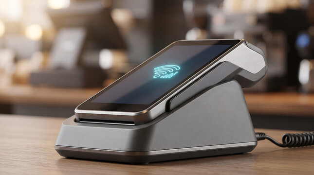 Modern POS Terminal Card Payment Machine Device inside Charging Dock on Office Desk