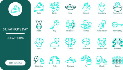 Fototapeta premium St. Patrick's Day outline icon set. Minimal vector symbols of clover, horseshoe, rainbow and leprechaun elements for holiday design.