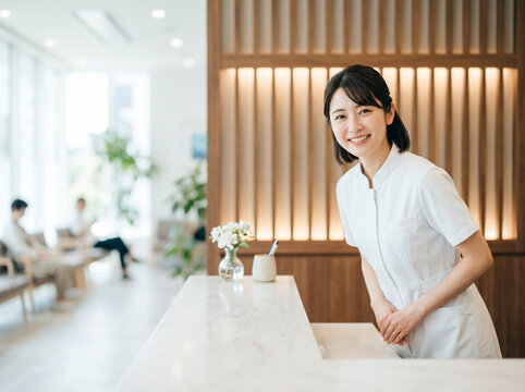 医療機関の受付カウンターで優しくお辞儀をする笑顔のスタッフの女性