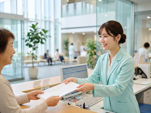 病院の受付カウンターで書類を差し出す笑顔の女性スタッフと患者の女性