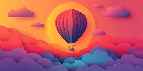 Obraz premium Colorful Hot Air Balloon Flying Through Pink Purple Clouds During Sunset