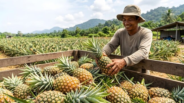 A smiling Malay male farmer harvesting ripe pineapples into a wooden crate at a tropical plantation with mountains and trees in the background on a sunny day.
