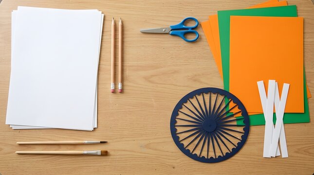 Top view of craft materials for india happy independence day celebration with tricolor paper sheets and wooden wheel on table