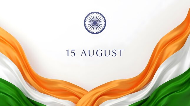 A festive background celebrating india happy independence day with tricolor fabric waves and the ashoka chakra emblem on white space