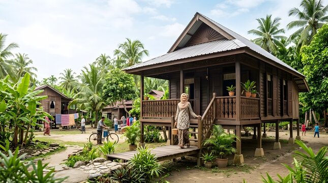Malay woman in traditional baju kurung and hijab standing at the entrance of a classic wooden kampung house on stilts in a lush tropical village setting with palm trees.