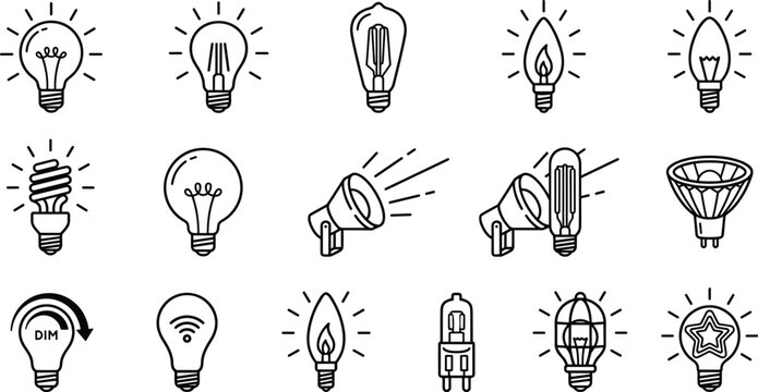 Light Bulb and Lighting Types Line Icon Set with Electric Lamp and Smart Light SymbolsLight Bulb and Lighting Types Line Icon Set with Electric Lamp and Smart Light Symbols