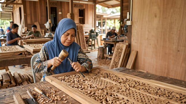 Malay woman in blue hijab using a wooden mallet and chisel to carve intricate traditional floral patterns into a large decorative wood panel in an open-air workshop setting.