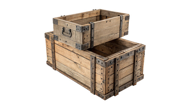 Two vintage rustic wooden crates stacked isolated on transparent background cut out