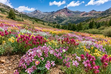 Obraz premium Vibrant wildflower meadow in bloom with colorful blossoms and majestic mountain backdrop under a blue sky