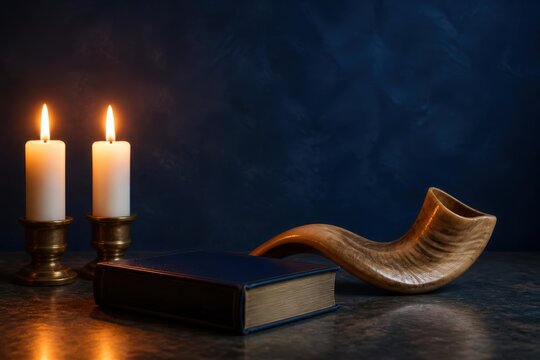 Two lit candles with book and ram horn on dark blue background