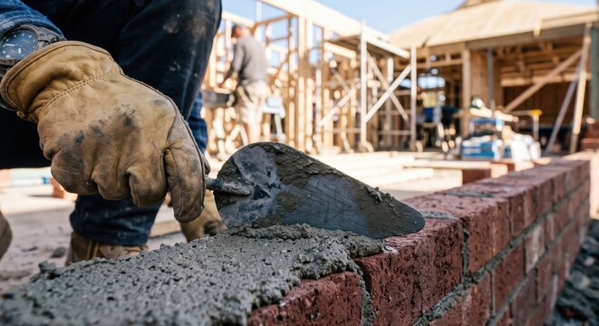 Professional Mason Spreading Mortar on Red Bricks with Steel Trowel for Residential Building Wall Construction Site Exterior Close Up Laborer Focus