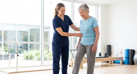 Fototapeta premium Professional Physiotherapist Assisting Elderly Woman With Physical Therapy Exercises In A Modern Bright Clinic Facility Focused On Mobility
