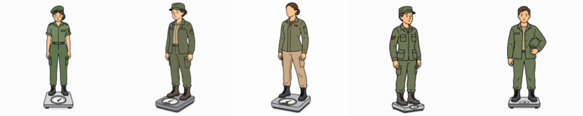 Obraz premium Set of vector illustrations of a female soldier weighing herself