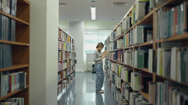 Caucasian young girl reader searching for books to read in quiet library. 