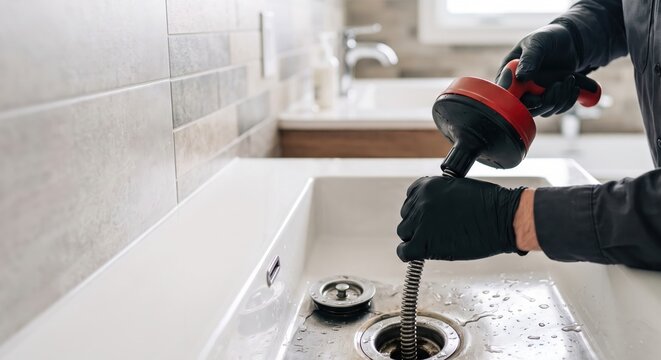Professional Plumber Cleaning Sink Drain with Handheld Plumbing Snake Tool to Clear Blockage in Modern Bathroom Residential Home Maintenance Service