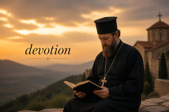 A bearded monk in black robes reads a book outdoors at sunset.