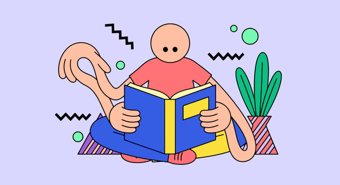 Cartoon hand holding a book with abstract geometric shapes on lavender