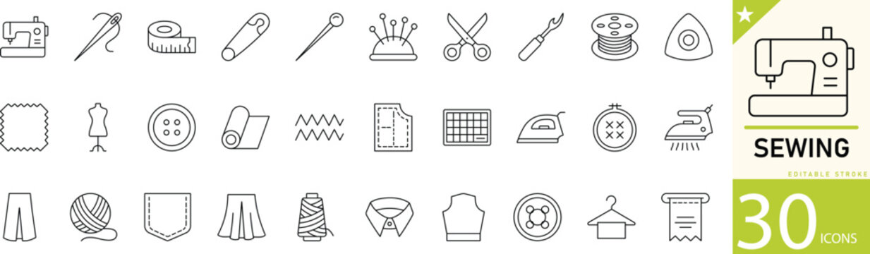 Sewing line icon set. Icons for tailoring, stitching, embroidery, fabrics, sewing machine, measuring tape and button. Editable stroke. Vector illustration.