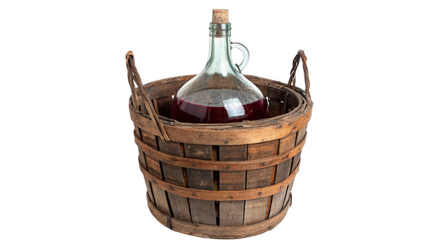 Large glass wine carboy in wicker basket case isolated on transparent background