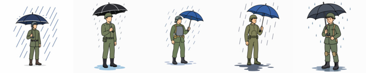 Obraz premium Set of vector illustrations of soldiers using umbrellas in the rain.