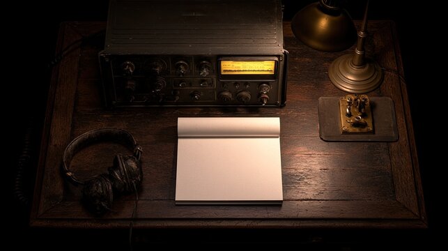 Vintage radio equipment and headphones on an antique wooden desk