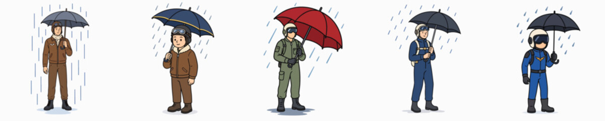 Obraz premium Set of vector illustrations of soldiers using umbrellas in the rain.