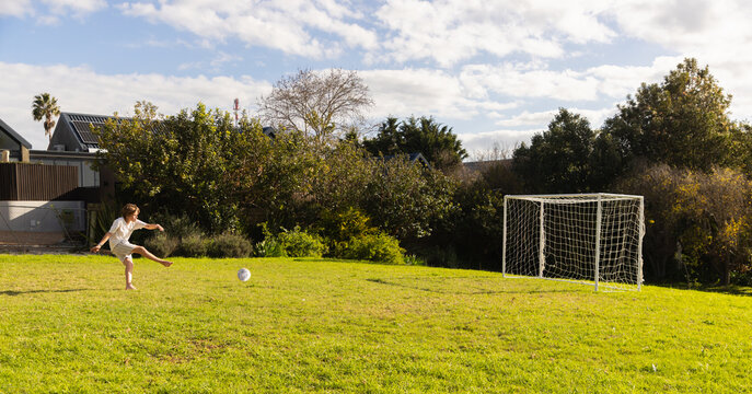 teenage boy kicking soccer ball  into net on large lawn