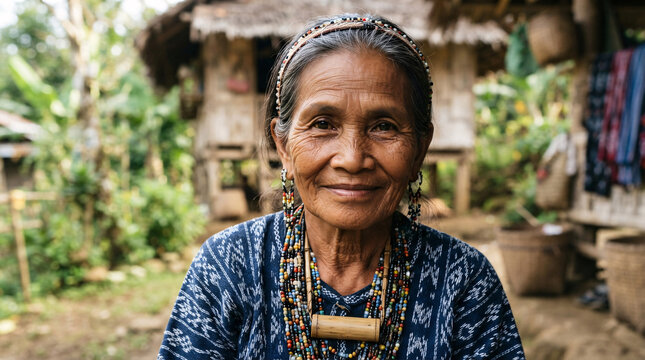Smiling senior woman wearing traditional indigo clothing and colorful handcrafted bead jewelry.