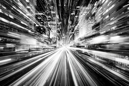 Abstract Black and White Streaking Light Trails of a City at Night, Motion Blur Effect