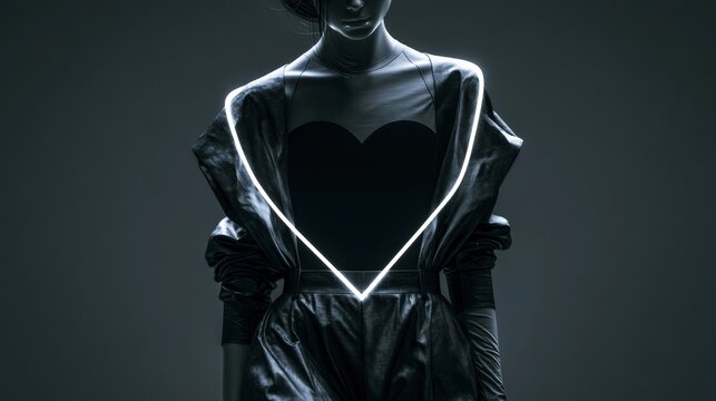 Fashion model wearing neon heart bodysuit and futuristic black jacket in moody studio lighting