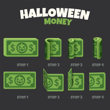 Cartoon Halloween Banknote Rolling and Folding Step by Step Animation