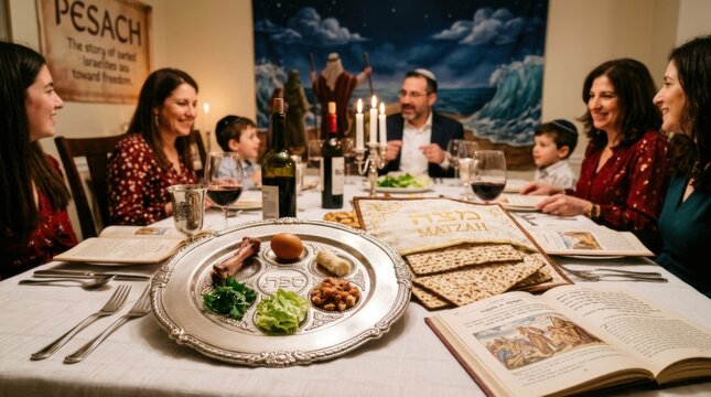 Family Celebrating Passover Seder With Traditional Meal at Home