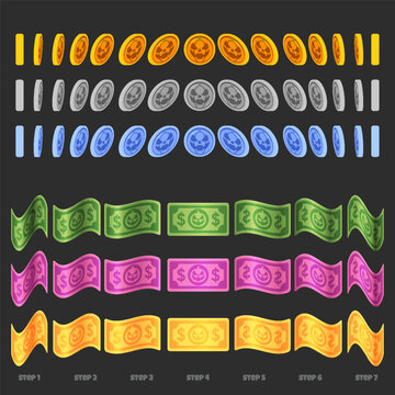Cartoon Halloween Coins Rotation and Banknotes Waving Animation Sprites