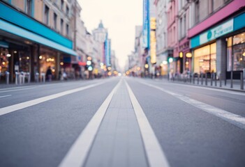 Fototapeta premium Urban street perspective with blurred city lights and architecture at dusk