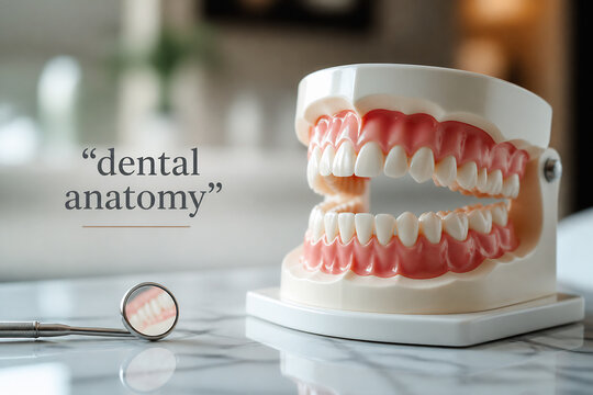 A dental anatomy model sits on a marble surface next to a dental mirror.