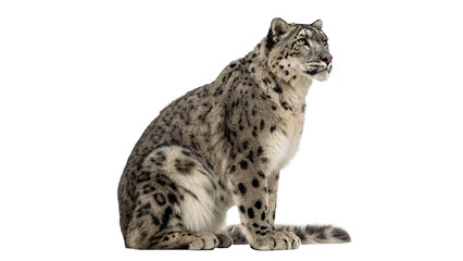 Wild snow leopard sitting and turning head isolated on transparent background © Arina