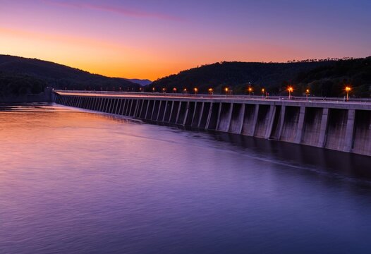 Serene sunset over a modern dam with tranquil water reflections