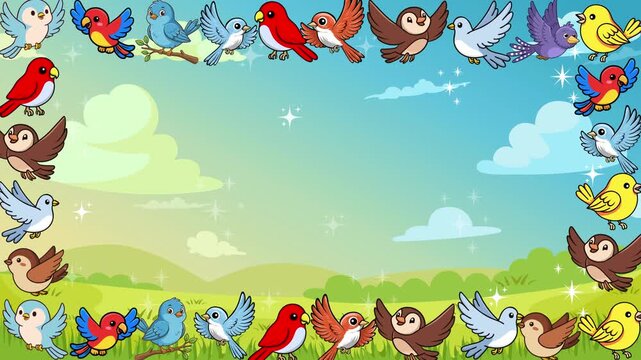 Colorful cartoon birds framing a sunny meadow landscape animation