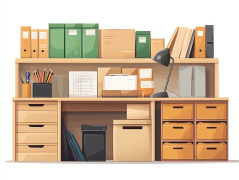 Wooden Office Desk Shelf with Files Boxes and Stationery Organized Workspace