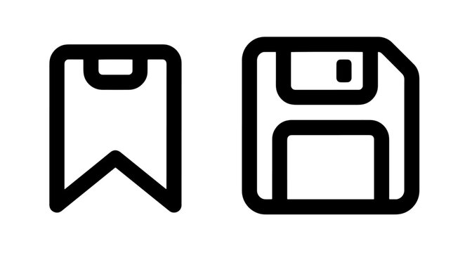 Bookmark and floppy disk storage line icons set with bookmark