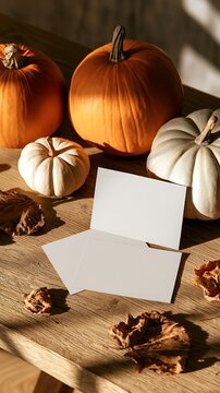 pumpkins and blank greeting cards on a wooden table for fall or thanksgiving