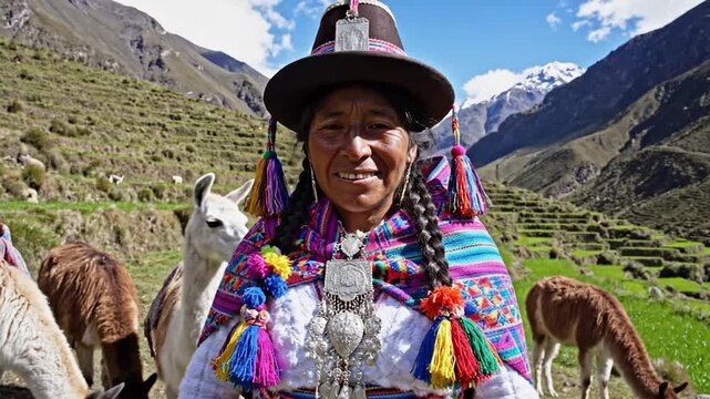 A woman in traditional dress stands with llamas in the Andes