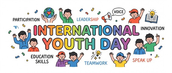 Fototapeta premium Celebration of international youth day with diverse children engaged in learning with emphasizing participation leadership illustrations children celebrating