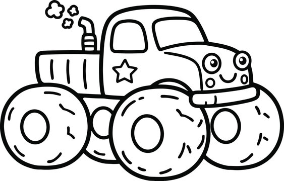 Cartoon monster truck line art illustration for children's designs
