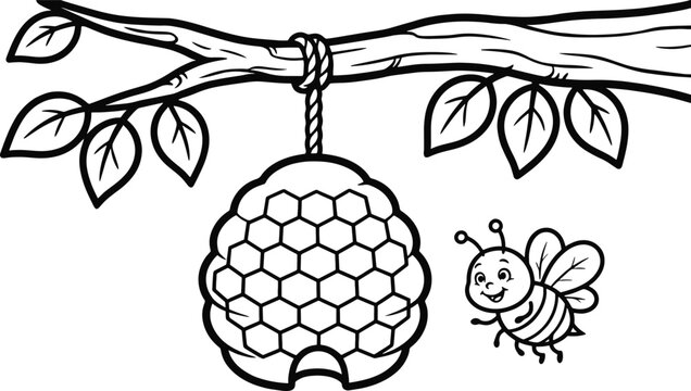 Beehive and cartoon bee illustration black and white line art