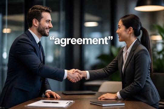Two business professionals are shaking hands in an office setting to signify agreement.