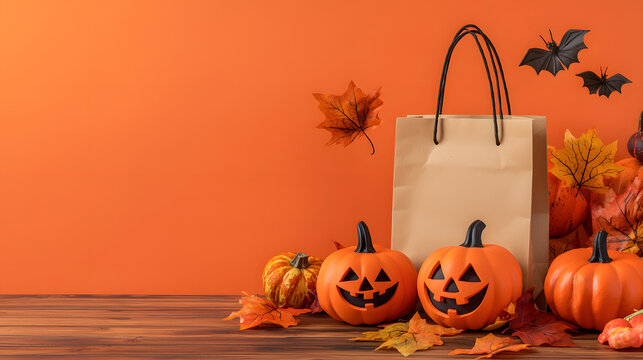 Paper shopping bag mockup arranged beside pumpkins and colorful fall leaves on a vibrant orange backdrop, autumn packaging presentation and retail branding concept