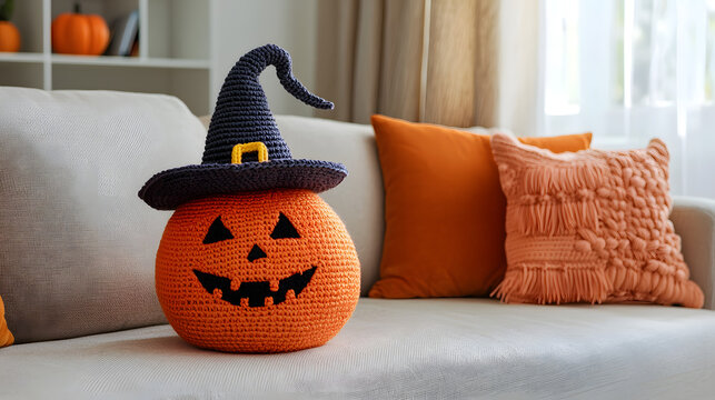 A toy crocheted Halloween pumpkin wearing a witch's hat sits on a sofa in a cozy home