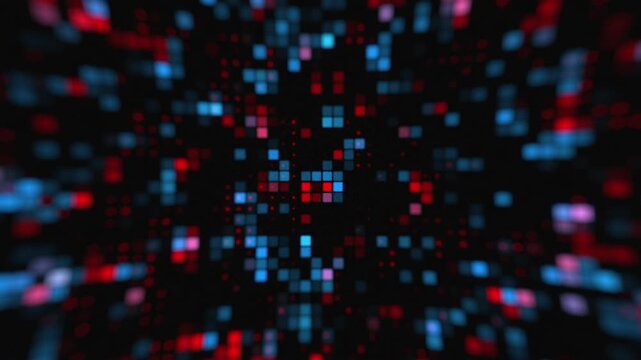 Abstract digital background featuring blinking blue and red square pixels