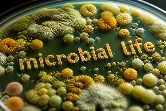 A close-up view of a petri dish teeming with diverse microbial life forms.